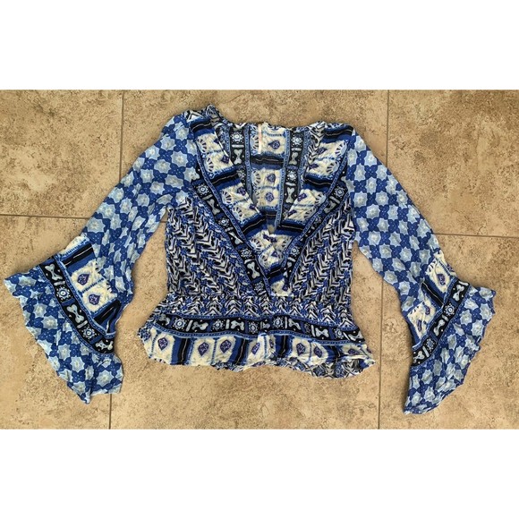 Free People Indigo Rosalie Wrap Top Blue Deep V Boho Ruffle Sleeve Size small - Picture 2 of 12